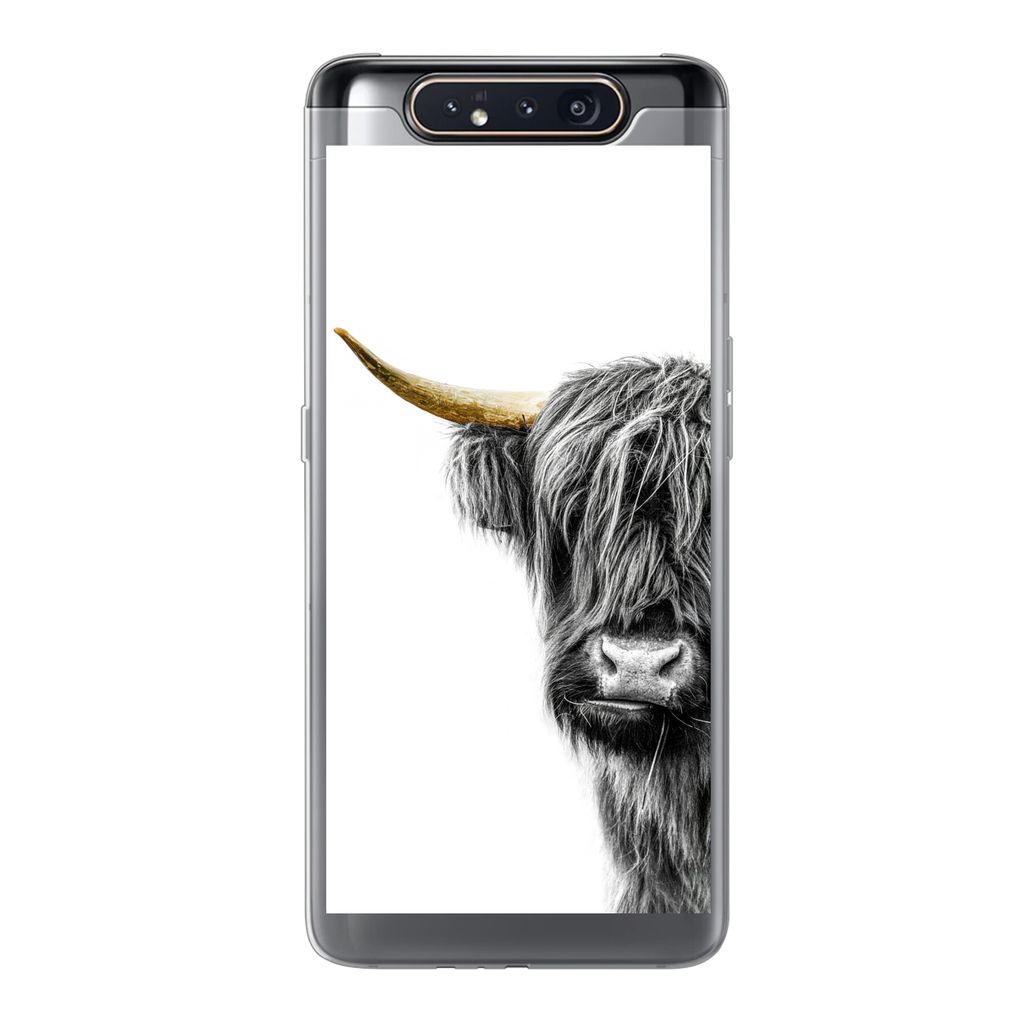 MuchoWow Handyhülle Schutzhülle Hülle für Samsung Galaxy A80 Schottischer Highlander - Tiere - Schwarz und Gold Silikon Softcase Handy Hülle...