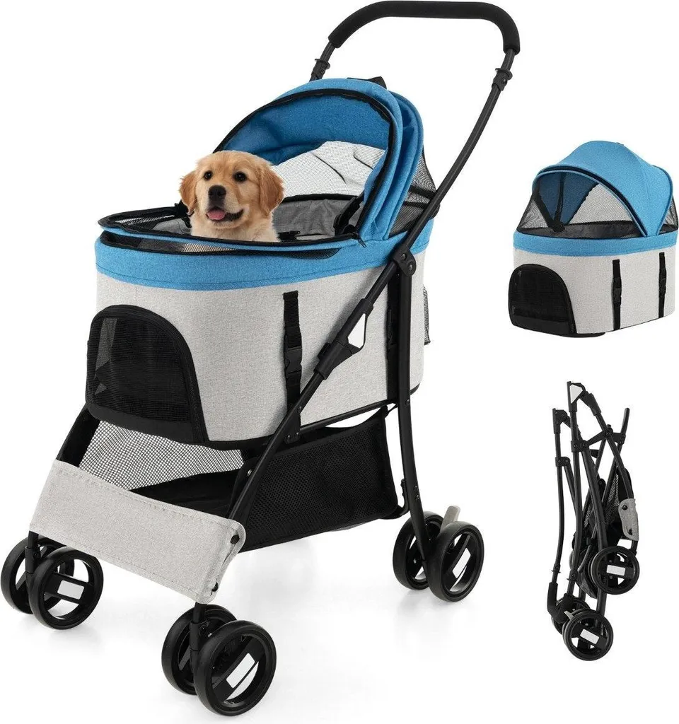 Poussette animaux 15 kg 3 en 1 pliable bleue : confort et sécurité