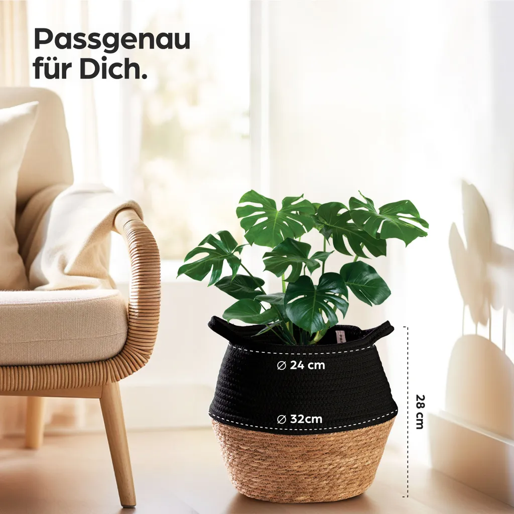 Grand Panier de Fleurs en Jonc de Mer et Coton Noir - Style Durable XL