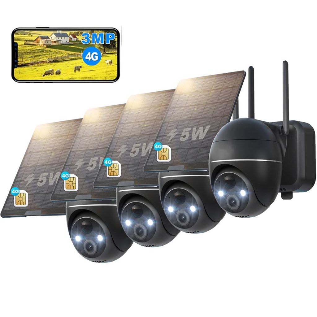 4 Stück 4G LTE Überwachungskamera Aussen Solar mit SIM Karte ohne WLAN Kamera Überwachung Aussen Akku Outdoor Kamera 355°/120° Schwenkbar