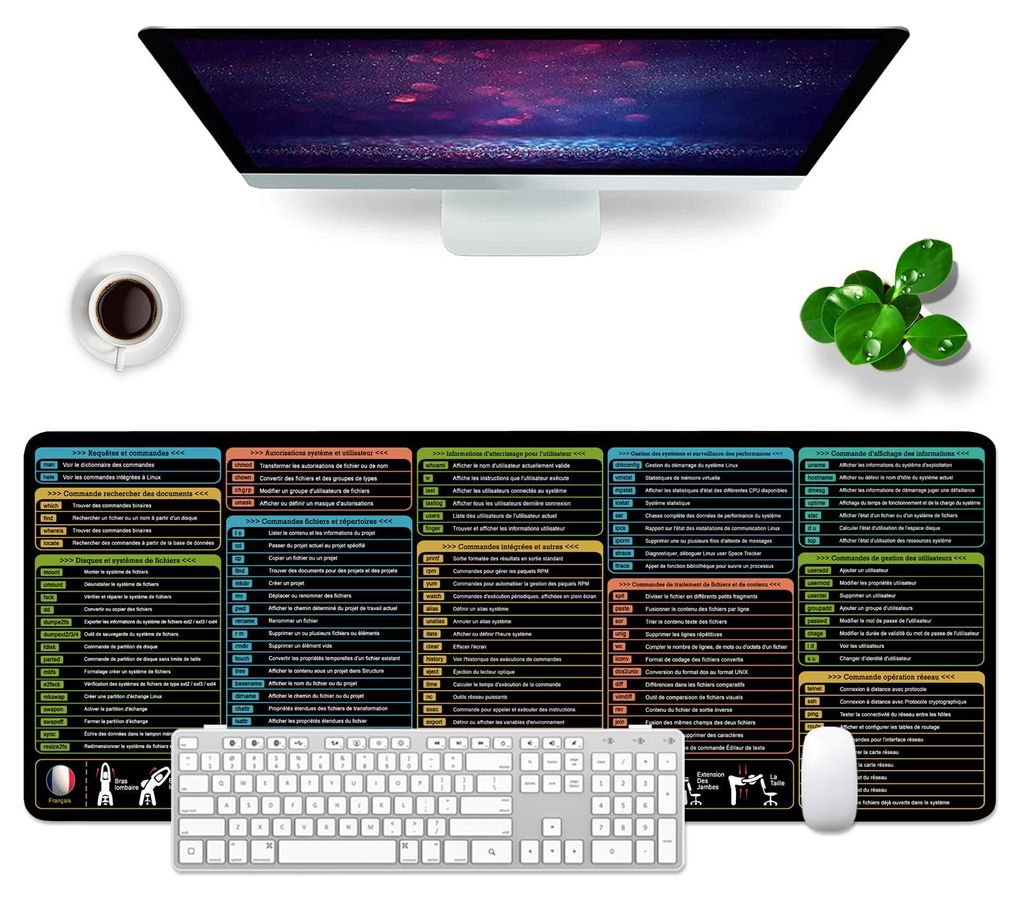 Linux-Shortcuts-Mauspad, französische Schreibtischunterlage 80x30x0,3 cm, großes Gaming-Mauspad XL & Schreibtischunterlage (Französisch)