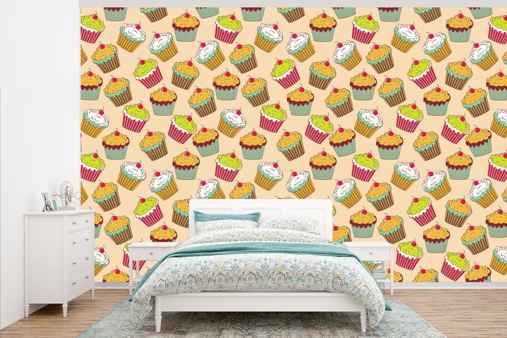 MuchoWow Fototapete für Wohnzimmer oder Schlafzimmer Wandtapete Vinyl Motivtapete Muster - Lebensmittel - Cupcake - 405x260 cm - Die Küche