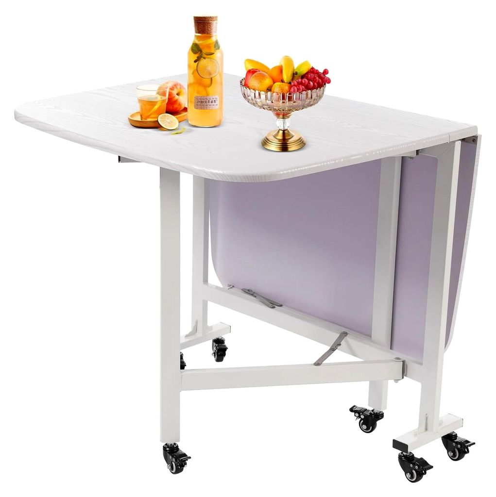 Klappbarer Küchentisch mit 6 Rollen, Esszimmertisch aus Stahl mit weißer Holzmaserung für 4-6 Personen, ideal für kleine Räume