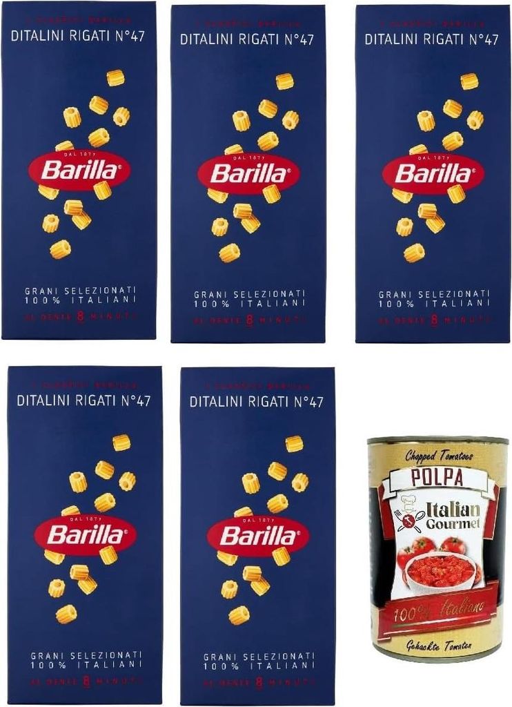 Barilla Ditalini Rigati N.47 Pasta 5 x 500 g – italienische Hartweizen-Nudeln für Suppen & Eintöpfe, al dente in 8 Min + Italian Gourmet polpa