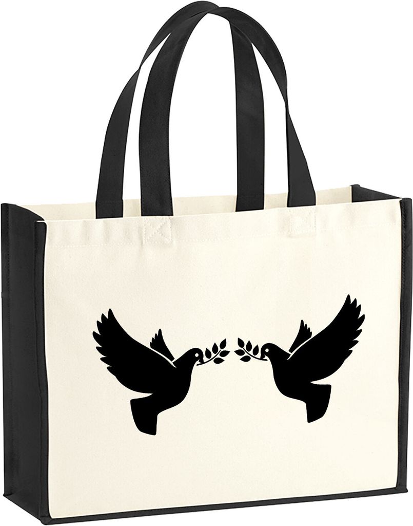 Huuraa Jutetasche Friedenstauben 21 Liter Black Jute und Baumwolle Einkaufstasche Geschenkidee