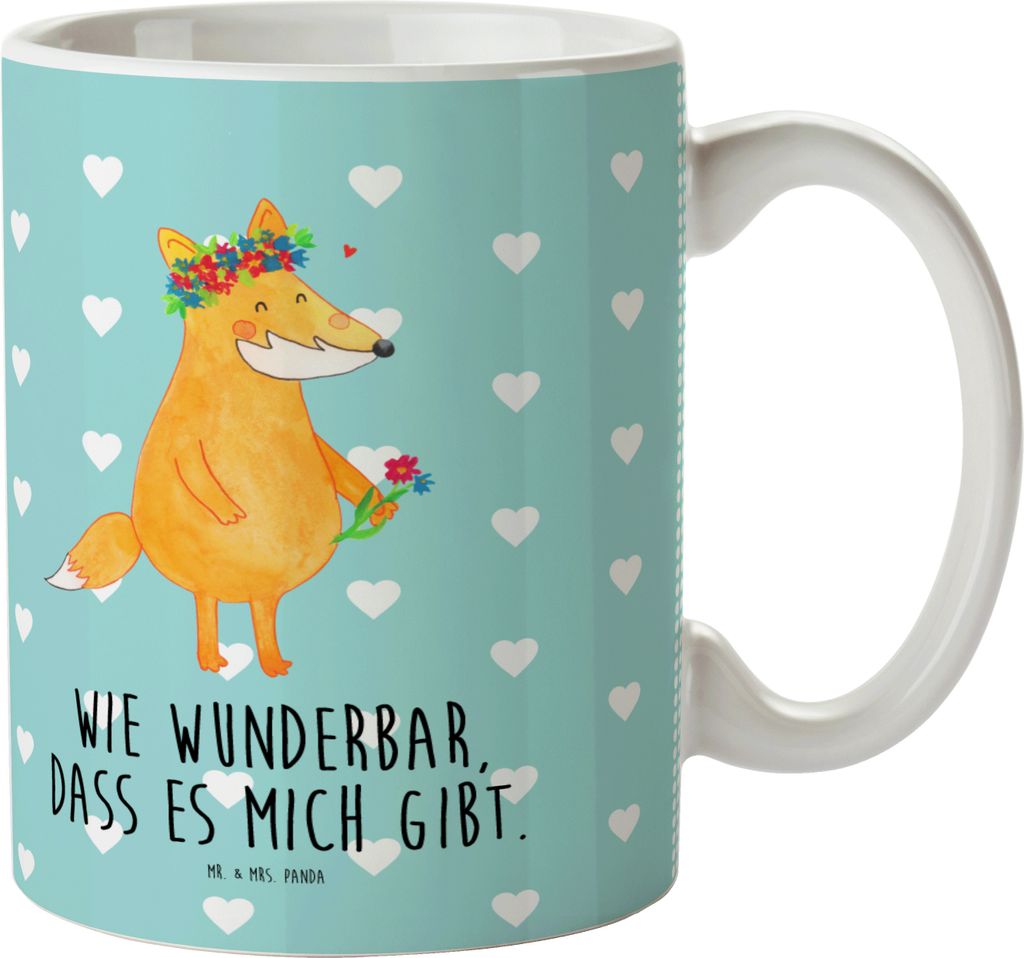 Mr. & Mrs. Panda Kinderbecher Fuchs Blumen - Türkis Pastell - Geschenk, Pott, Selbstbewusst, Ich, Mehrwegbecher, Outdoor Tasse, Boho, Kunststoffbe...