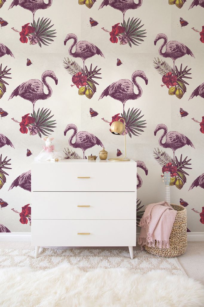 Coloray Fototapete 152x104 cm Vlies-Fototapete - Flamingohibiscus Vögel Pastell