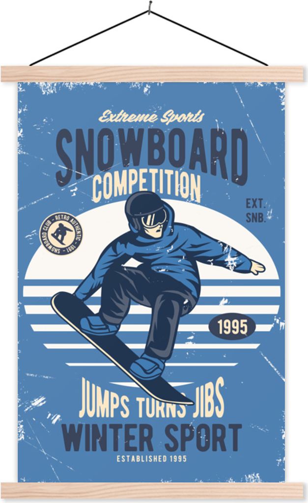 MuchoWow Textilposter Snowboard - Mann - Retro - Zitat 120x180 cm mit holzfarbenen Rahmen - Textil-Plakat