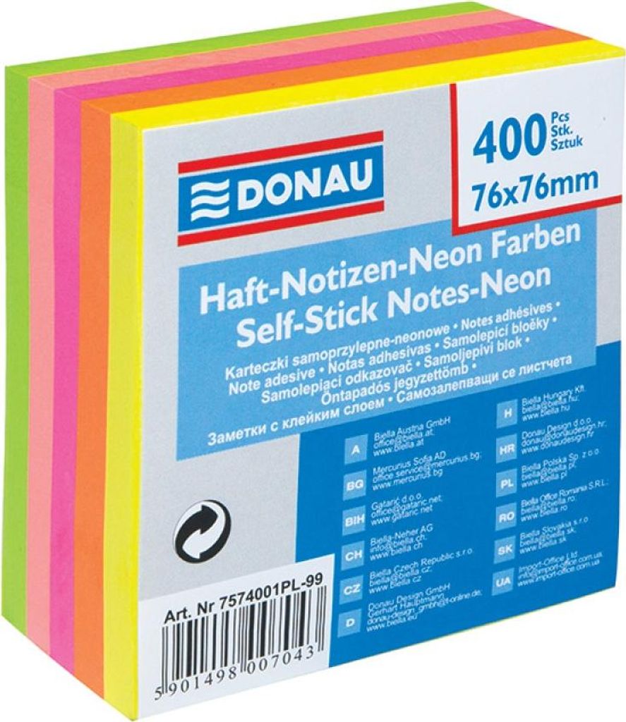 Karteczki samoprzylepne Donau 76x76mm neonowe 400 sztuk