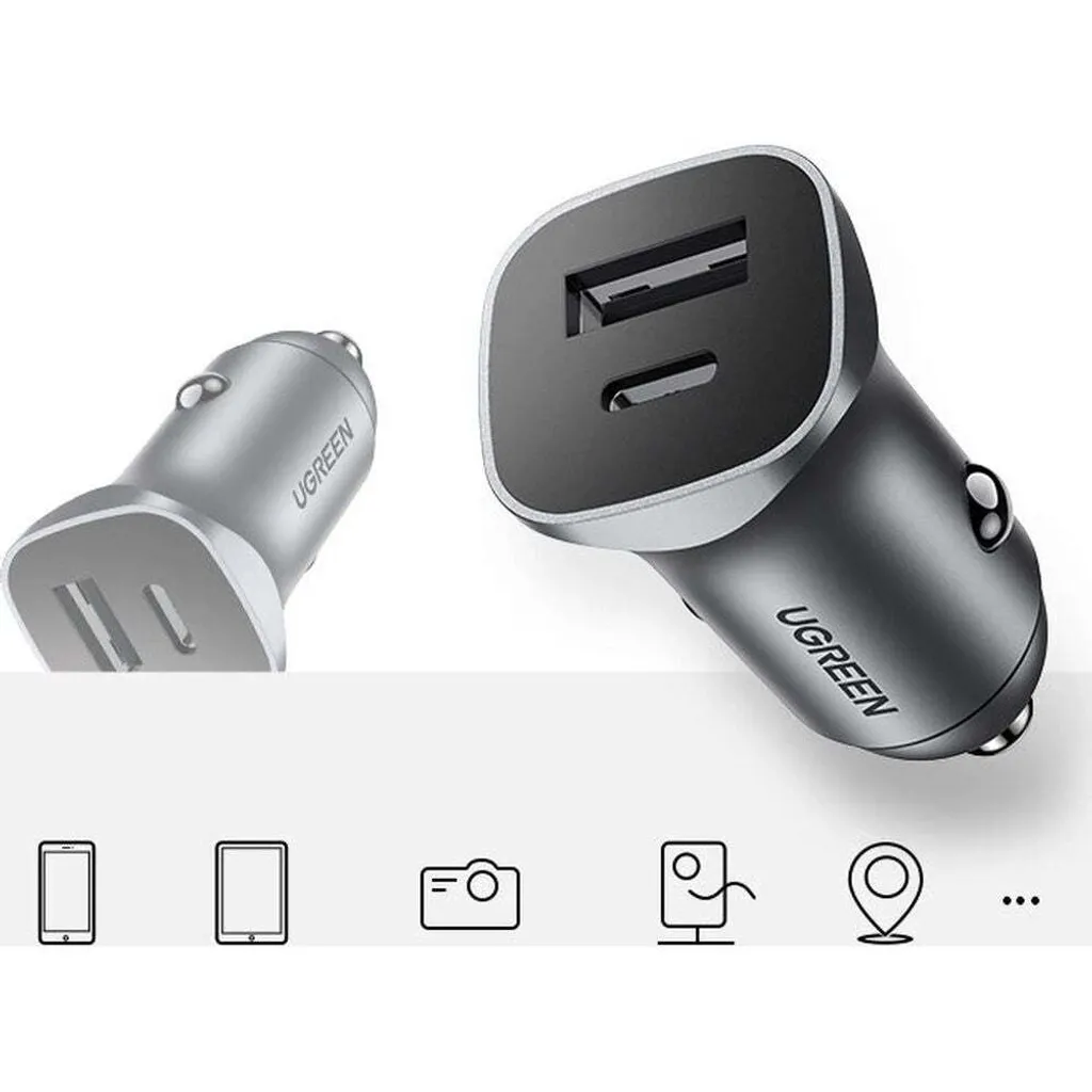 Ugreen 30780 Caricabatterie Auto 24W USB-C PD e USB-A QC 3.0 Grigio - 11