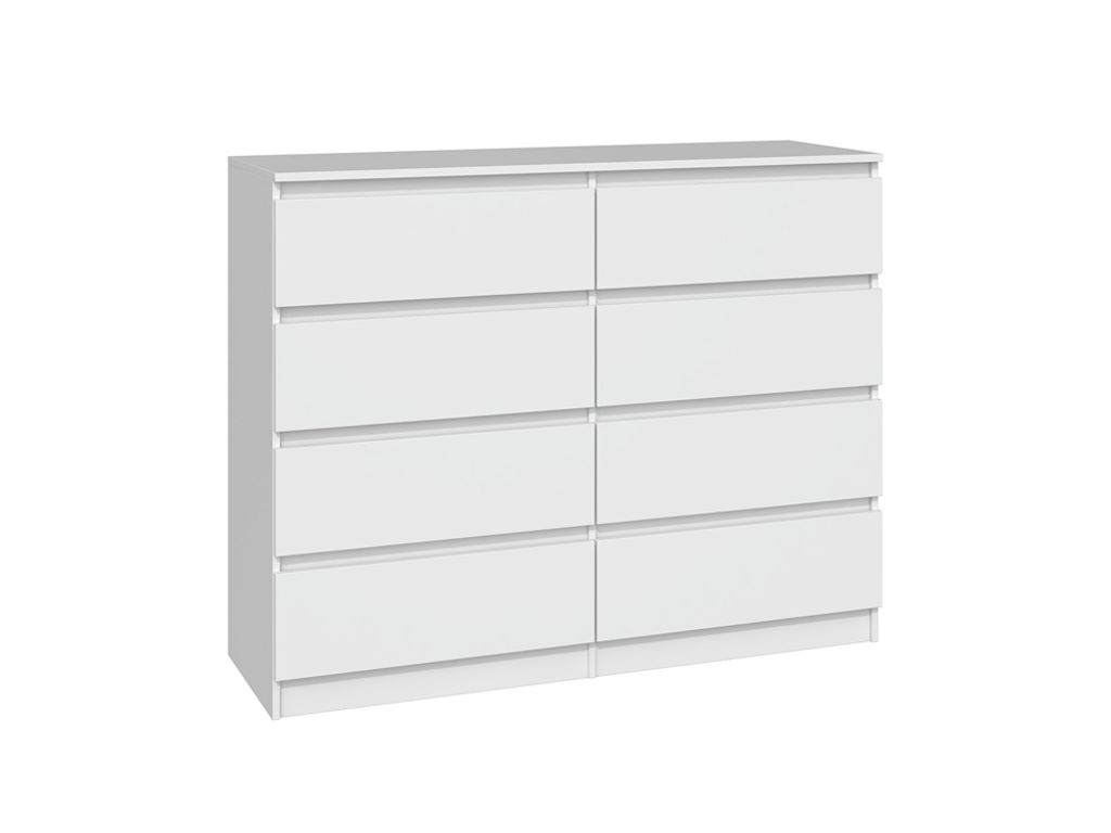 A white dresser with eight drawers against a white background.