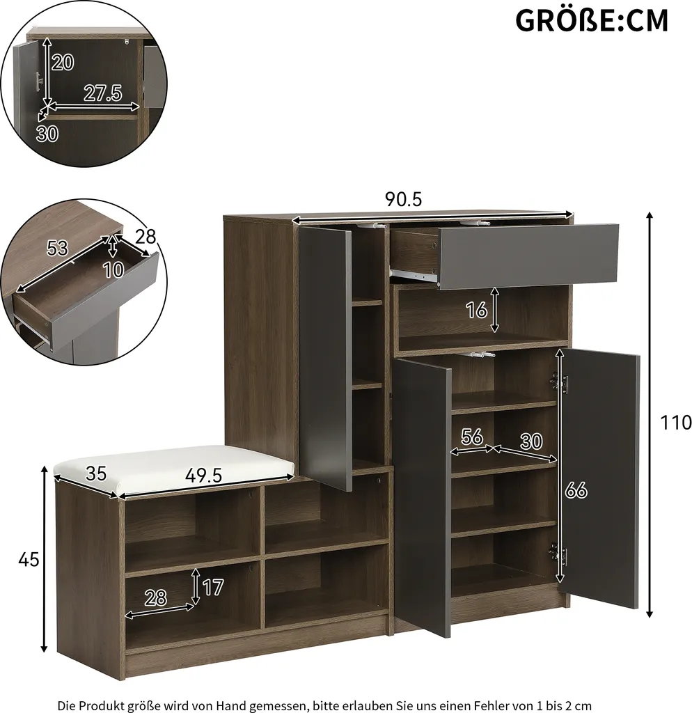 Solution gain de place : armoire chaussures grise avec siège et rangement