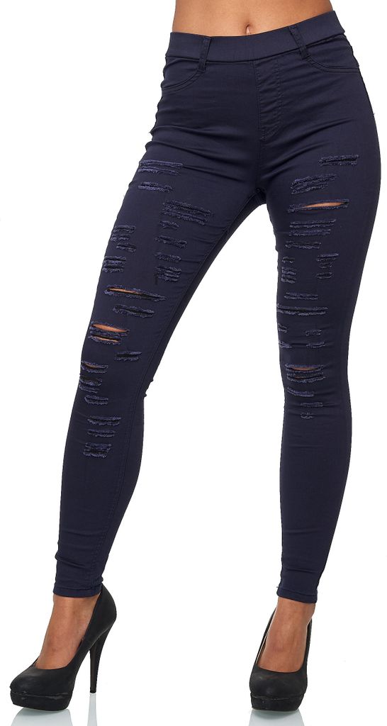 Elara Damen Hose High Waist Destroyed Look A89-1 Dunkelblau-34 (XS)