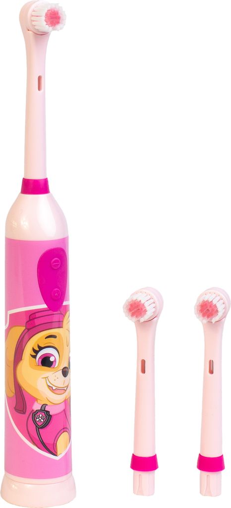 A pink electric toothbrush with a character illustration and two replacement brush heads are displayed against a white background.