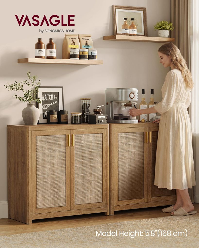 VASAGLE Küchenschrank im Boho-Stil, Türen Rattan-Optik, Produktbild 