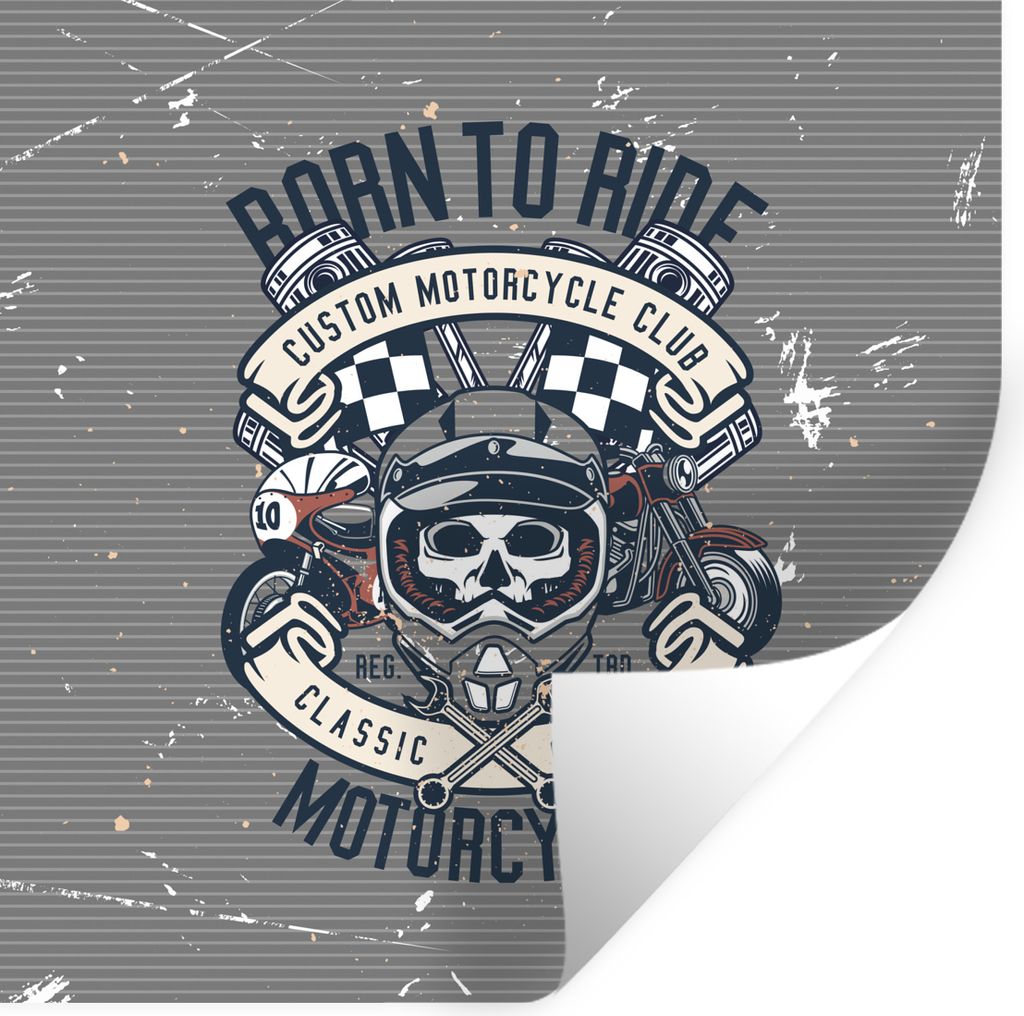 MuchoWow Wandtattoo Wandsticker Wandaufkleber Mancave - Motor - Flagge - Schädel - Retro 100x100 cm Selbstklebend und Repositionierbar - Wierder...