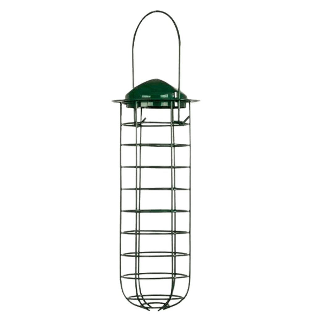 A green bird feeder hanging from a wire handle.