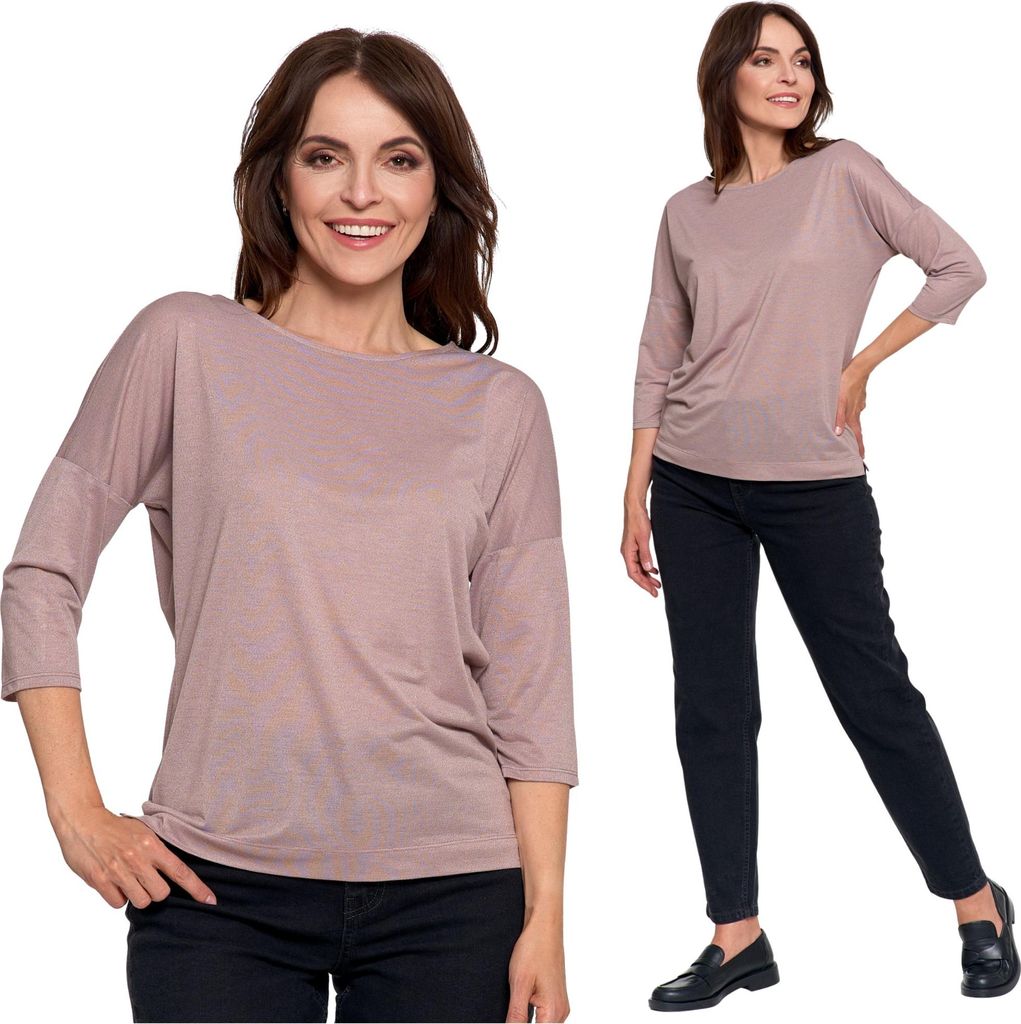 Elegancka Bluzka Damska Błyszcząca Modna Rękaw 3/4 Luźna Koszulka Moraj Xl