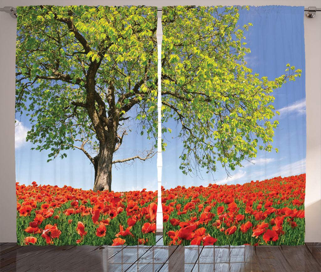 ABAKUHAUS Baum Rustikaler Gardine, Frühlingslandschafts-Blumen, Schlafzimmer Kräuselband Vorhang mit Schlaufen und Haken, 280 x 225 cm, Grün Rot...