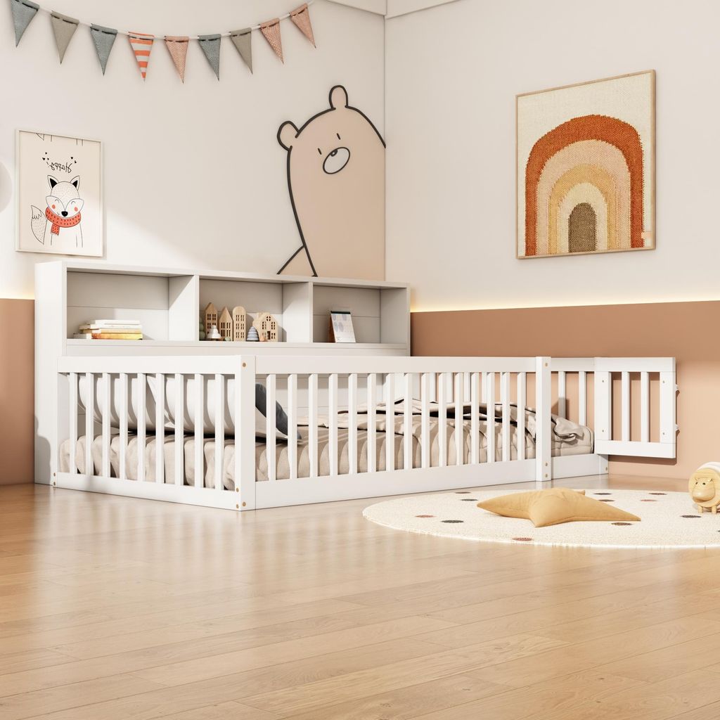 Sweiko Daybett, 90x200cm Tagesbett, Schlafsofa, Bettseite mit Staufach, Bett mit Lattenrost ( Ohne Matratze), Brüstung, Kiefernholz, Weiß