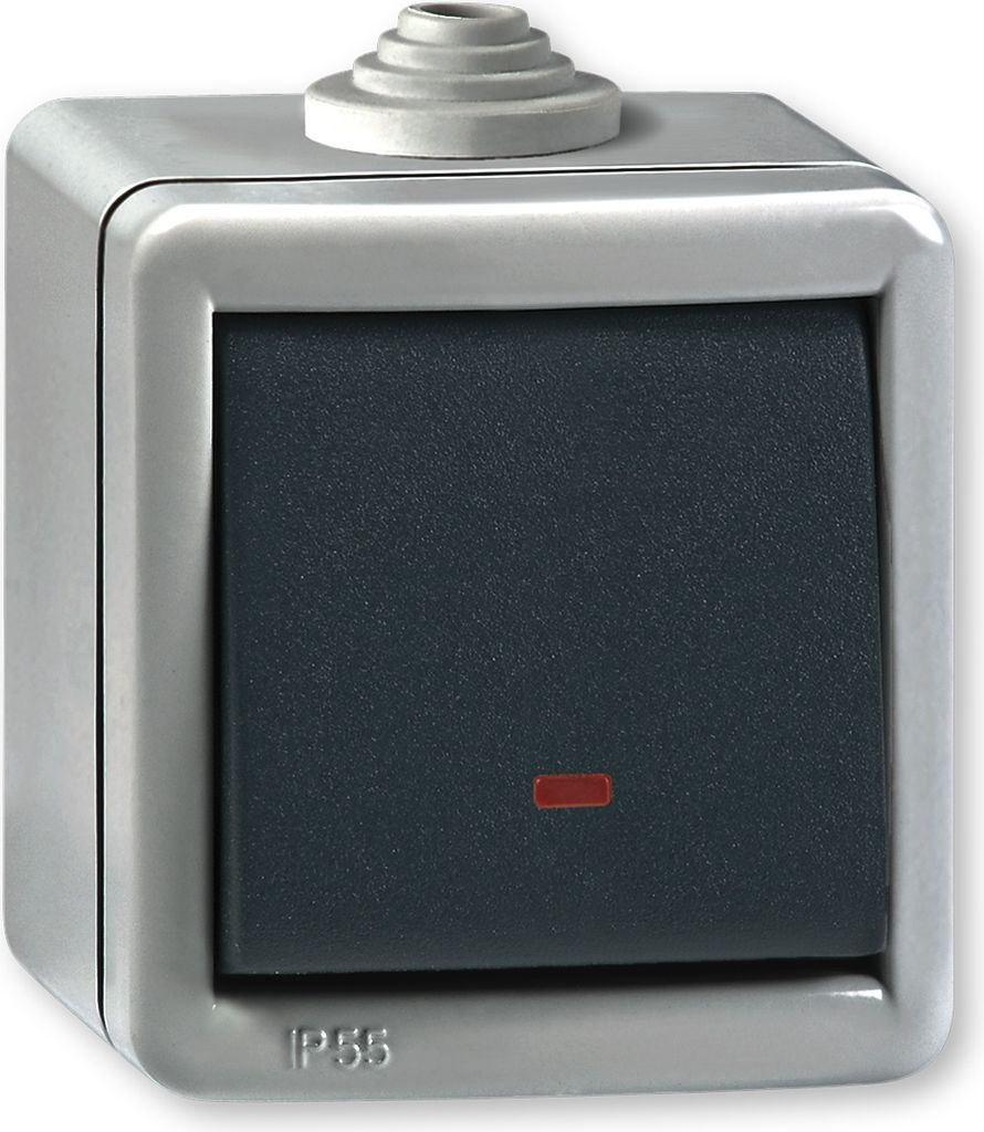 Ein/Aus Schalter Grau mit Glimmlampe IP 55 (Metallausführung)