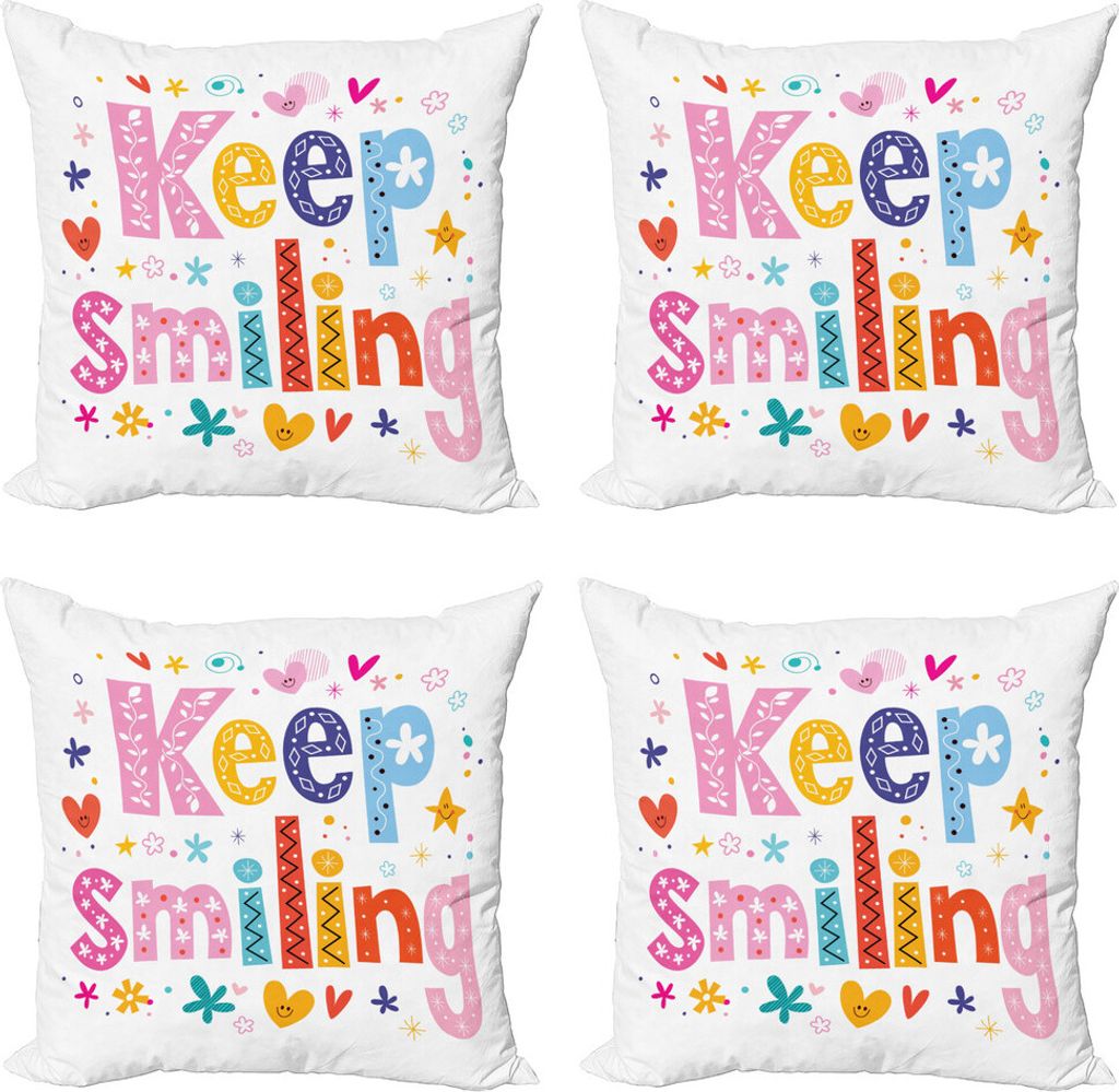 ABAKUHAUS Positive Energie Kissenbezug Set (4 Stück), Vivid Keep Smiling, Moderner Doppelseitiger Digitaldruck, 40 cm x 40 cm, Mehrfarbig