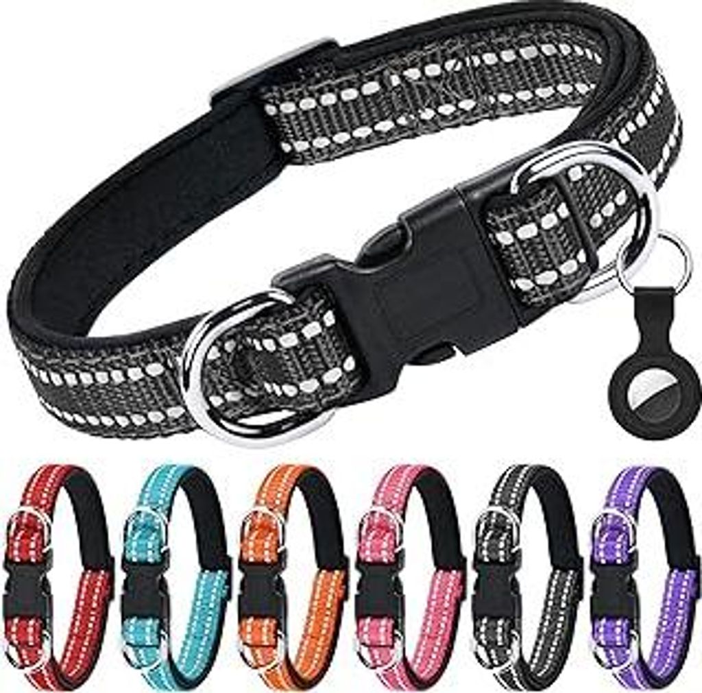 AUAUY Reflektierend Halsband Hund, Verstellbares Atmungsaktives Hundehalsband, Weich Gepolstertes Neopren Nylon Hunde Halsband mit AirTag-Hülle Do...