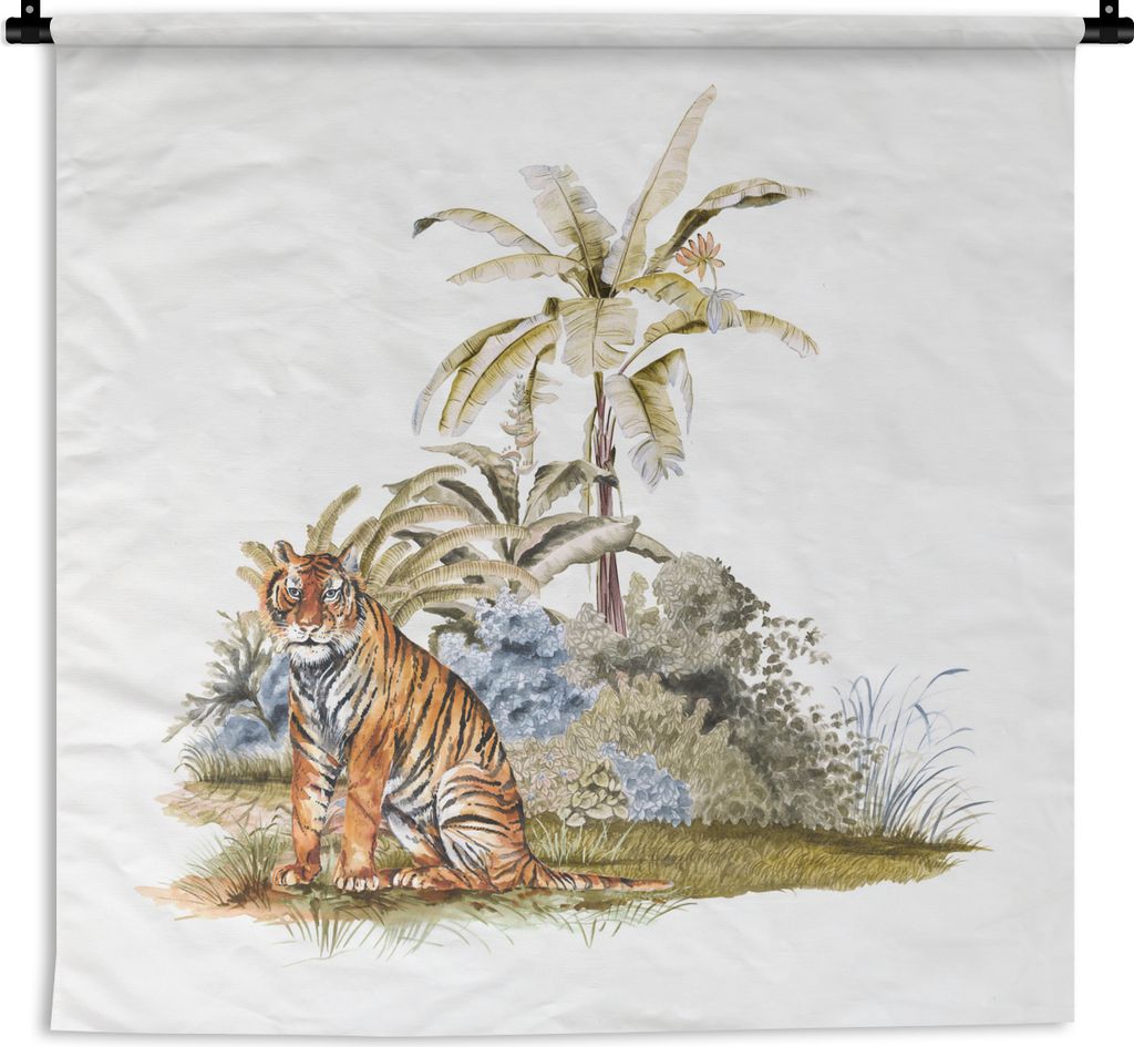 MuchoWow Wandteppich Wandbehang Tiger - Pflanzen - Malerei 150x150 cm Tapisserie Dekoration Wandtuch - Wohnaccessoires - Modernes