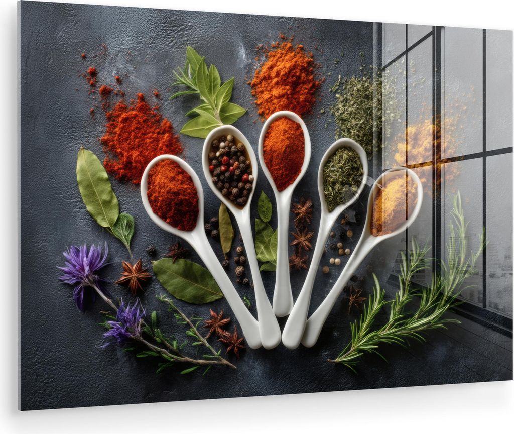 MuchoWow Glasbilder - Bilder auf Wandbild - Foto auf Glas Löffel - Weiß - Pulver - Gewürze 120x80 cm Wanddekoration aus Glas - Acrylglasbild - A...