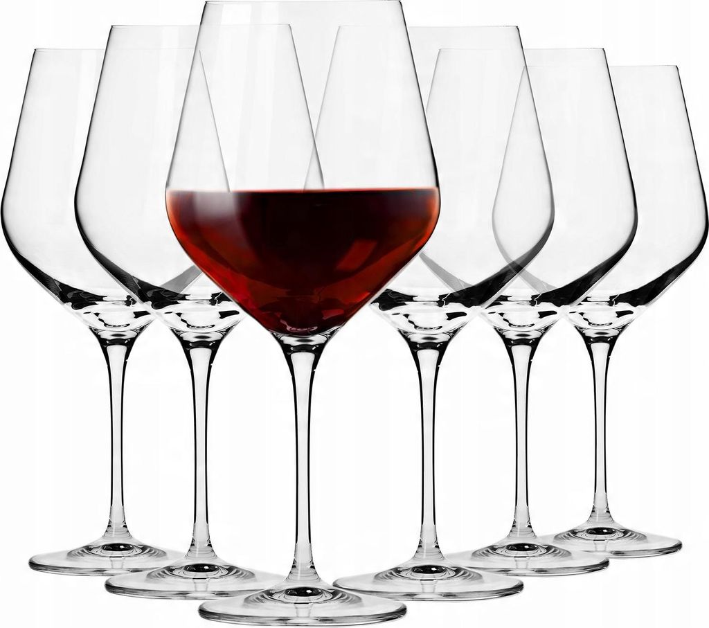 A set of six wine glasses, one of which is filled with red wine, arranged in a semi-circle against a white background.