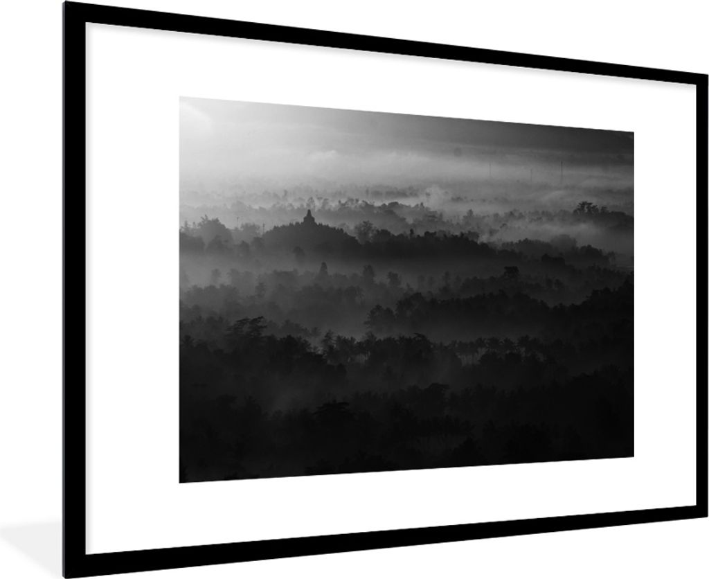 MuchoWow MuchoWow Gerahmtes Poster Indonesien - Nebel - Schwarz - Weiß 90x60 cm - Poster mit zchwarzem Bilderrahmen - Wanddekoration - Fotos