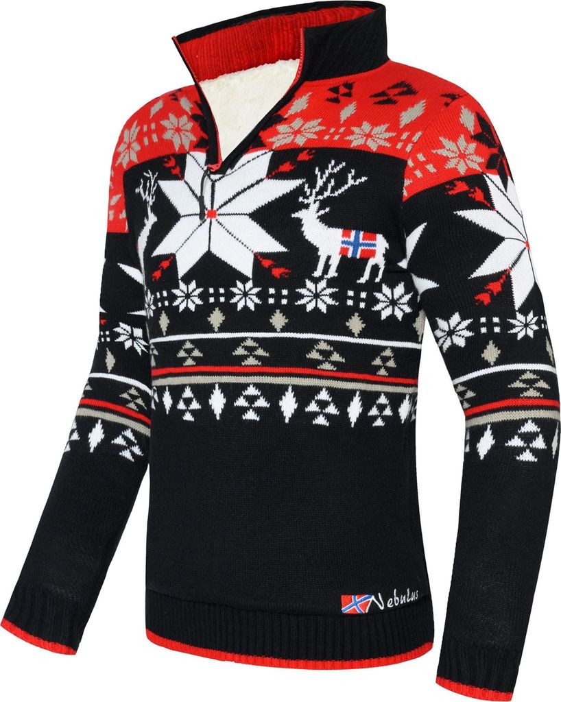 Nebulus Norweger Strickpulli mit Teddyfell FRIA Herren, gefütterte Jacke , warm und flauschig , P4718 - Herren, schwarz-rot, XL