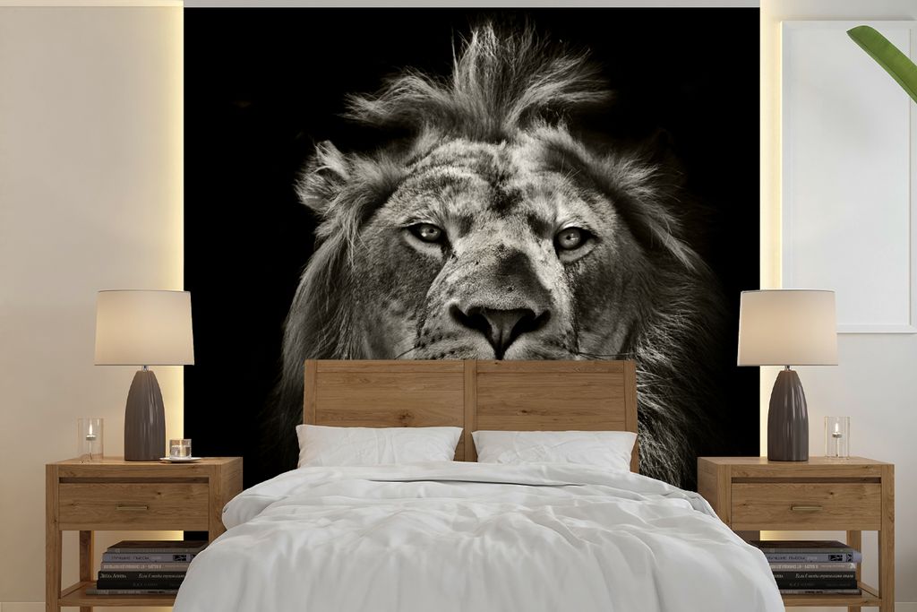 MuchoWow Fototapete für Wohnzimmer oder Schlafzimmer Wandtapete Vinyl Motivtapete Löwe - Tiere - Porträt - Wildtiere - Schwarz und weiß - 220...