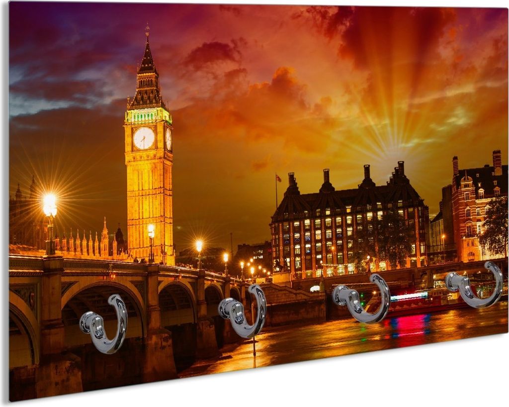 Wallario Schlüsselbrett aus Glas, Motiv: London - Big Ben in strahlenden Farben, 30 x 20 cm mit 4 Haken