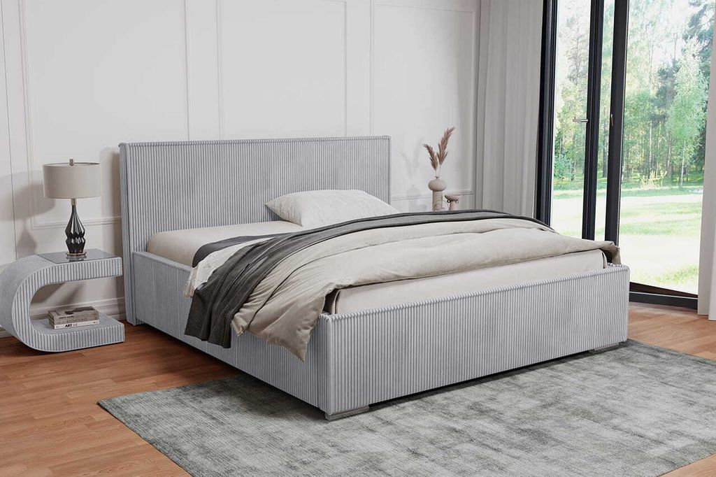 AGMAT Polsterbett LUIS mit Kopfteil, 140 x 200 cm, Doppelbett mit Bettkasten und Lattenrost aus Metall, Cordstoff: Hellgrau