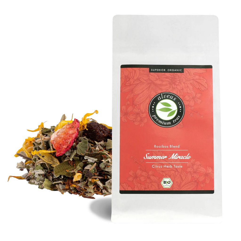 "Summer Miracle“ Rooibos Tee Lose Ohne Koffein – Rotbusch mit Kräuter Zitrus Geschmack, 100 Gramm Loser Tee (ca. 40 Tassen) Tüte von alveus