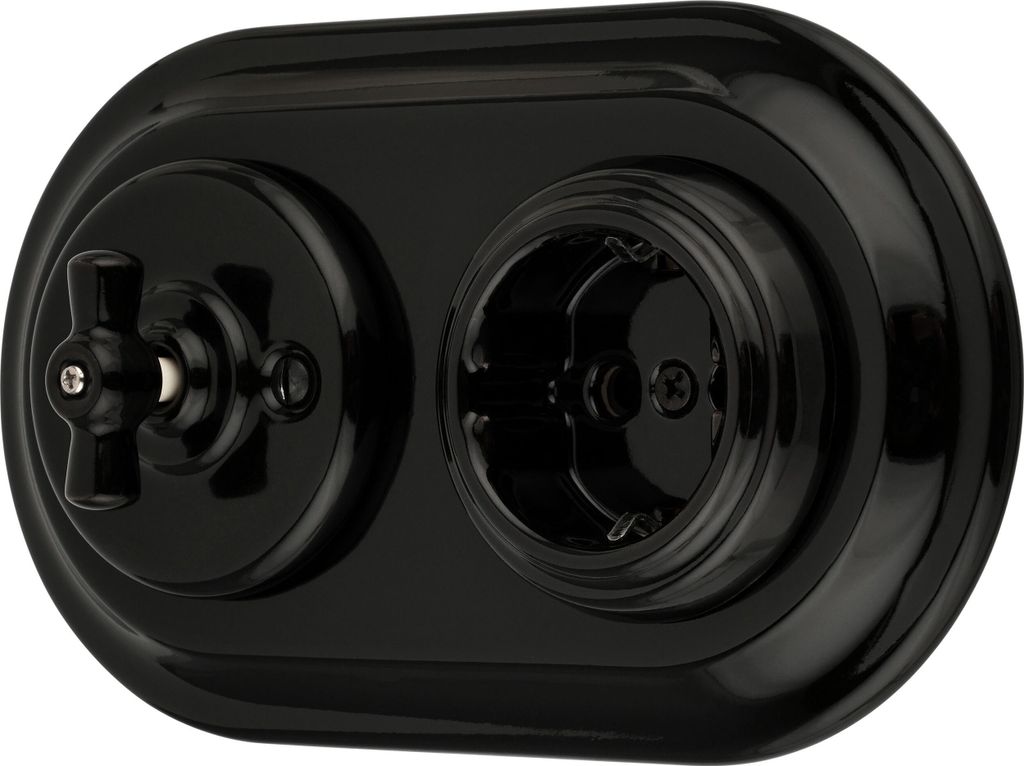 Unterputz Porzellan Retro Steckdose, Rotary Schalter, 2-fach, All-in-One, SET Serie PR1 schwarz
