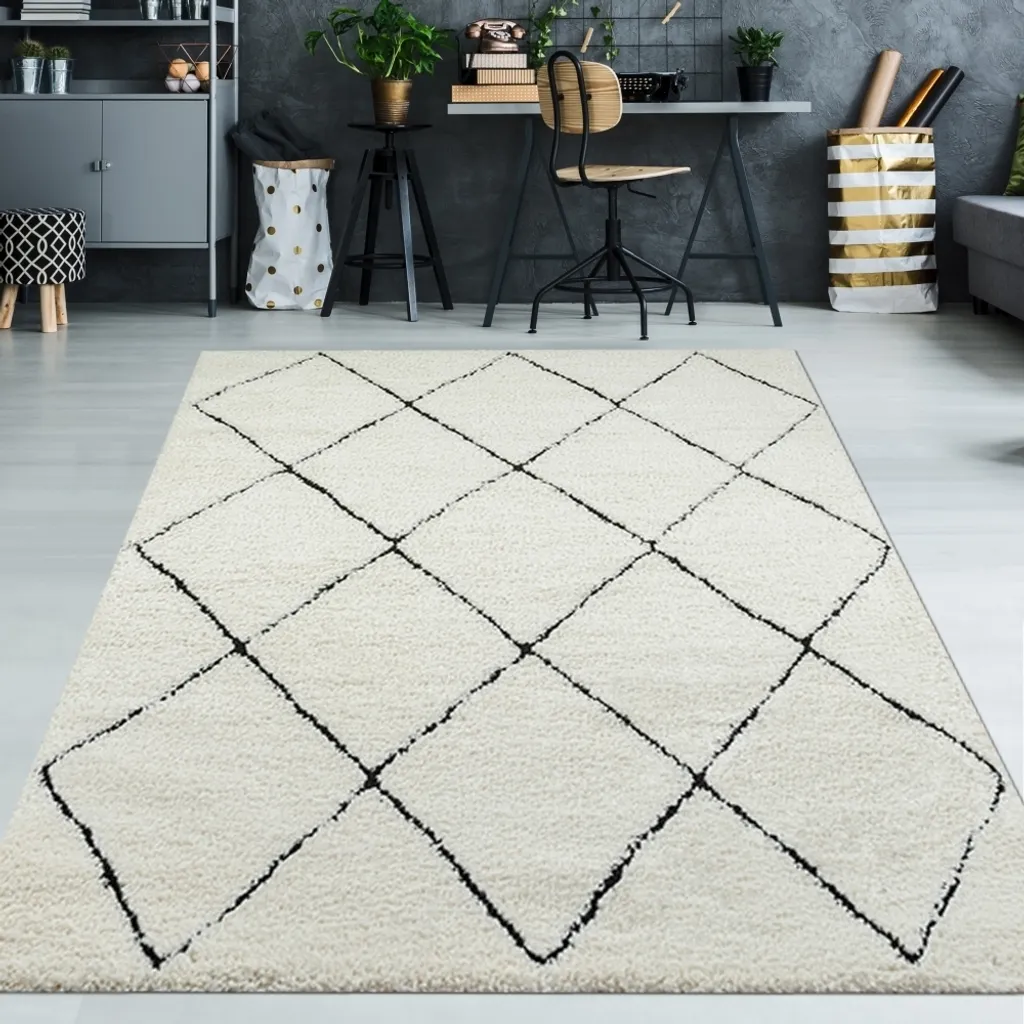 Tapis losange noir et blanc 200x290 cm résistant et facile à nettoyer