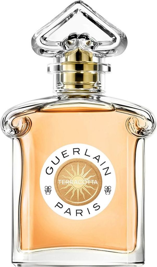 A close-up studio shot of a Guerlain Terracotta Le Parfum Eau de Toilette bottle.