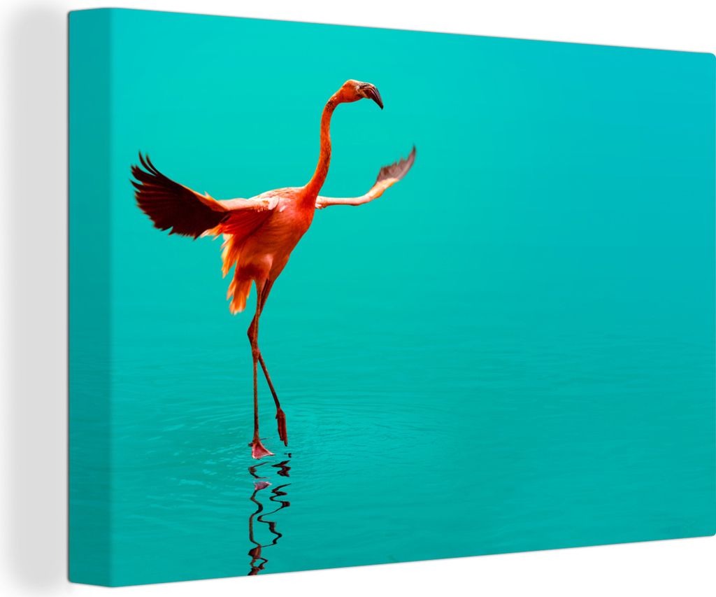 OneMillionCanvasses - Leinwandbilder - 150x100 cm, Ein Flamingo am klaren blauen Wasser, Wandbilder Kunstdruck Wanddekoration