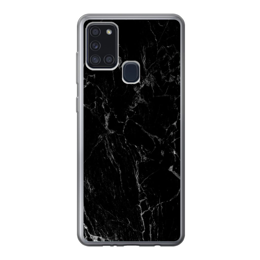 MuchoWow Handyhülle Schutzhülle Hülle für Samsung Galaxy A21s Marmor - Schwarz - Naturstein Silikon Softcase Handy Hülle - Hartschale