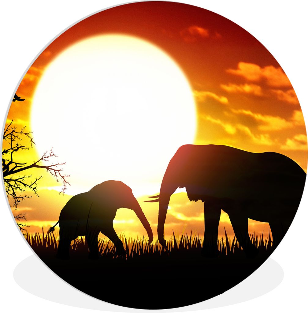 MuchoWow Rundes Wandbild - Runde Bilder Eine Illustration von Elefanten bei Sonnenuntergang Ø 60 cm Kreis Wanddekoration Kunststoff - Wandkreis ...