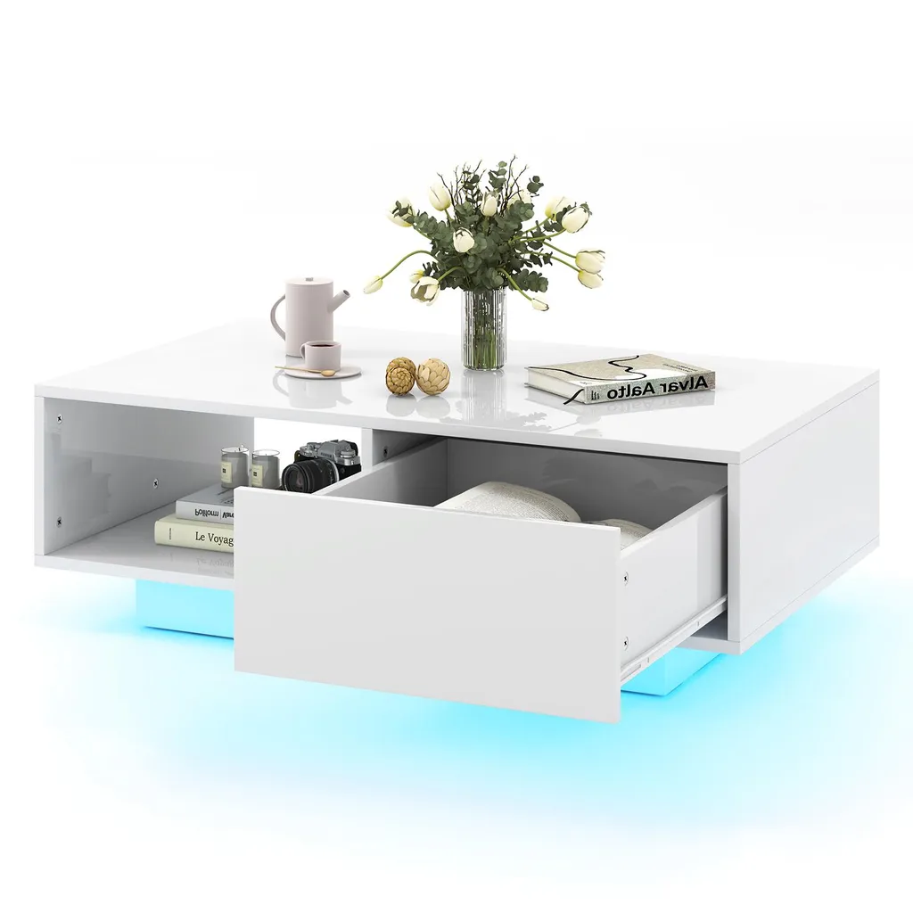 Table Basse LED COSTWAY 20 Couleurs avec Télécommande - Blanc 95x55cm