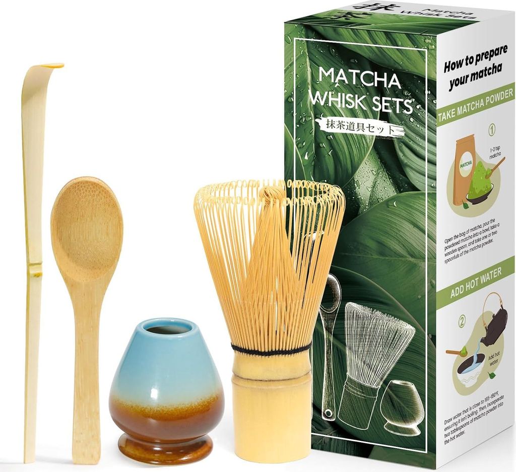 Matcha-Set für die Teeceremonie - 4-teiliges Bambus-Set - Kaffeeblau Farbverlauf
