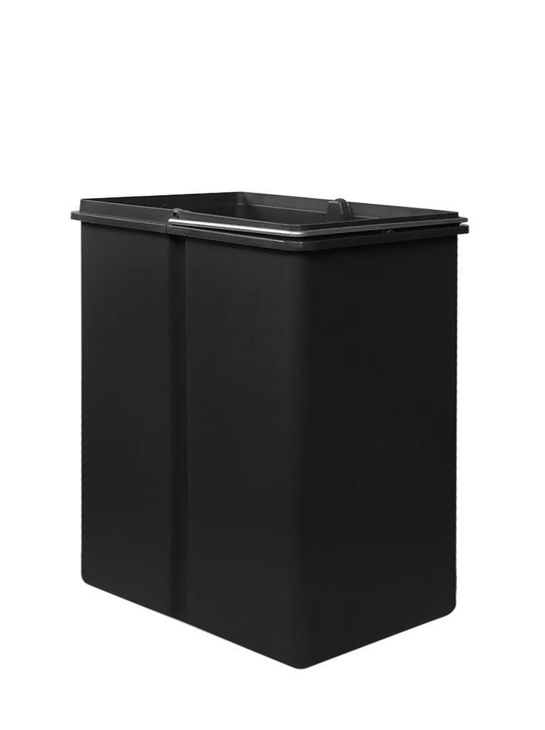 A black trash can with a lid, shown from a slightly elevated front-left angle against a white background.
