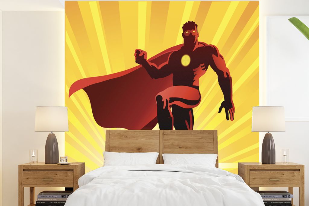 MuchoWow Fototapete für Wohnzimmer oder Schlafzimmer Wandtapete Vinyl Motivtapete Eine Illustration eines Superhelden mit roten Augen - Jungen -...