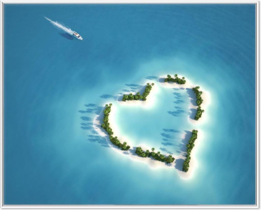 Wallario Wandbild Insel mit Herz, Größe: 40,30 x 50,30 cm, Poster mit weißem Aluminiumrahmen