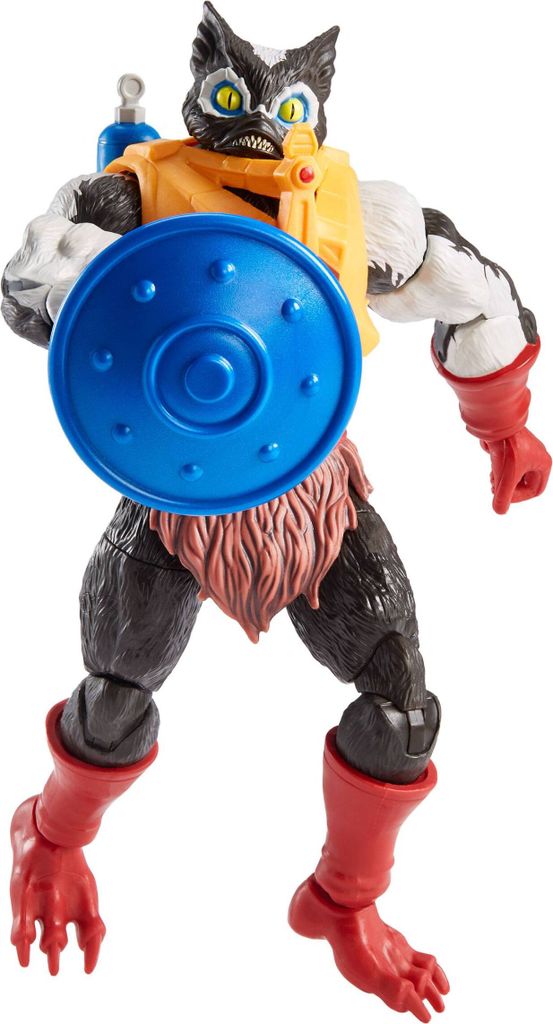 A Masters of the Universe Masterverse action figure of a creature with a cat-like head, wearing armor and holding a shield and weapon.