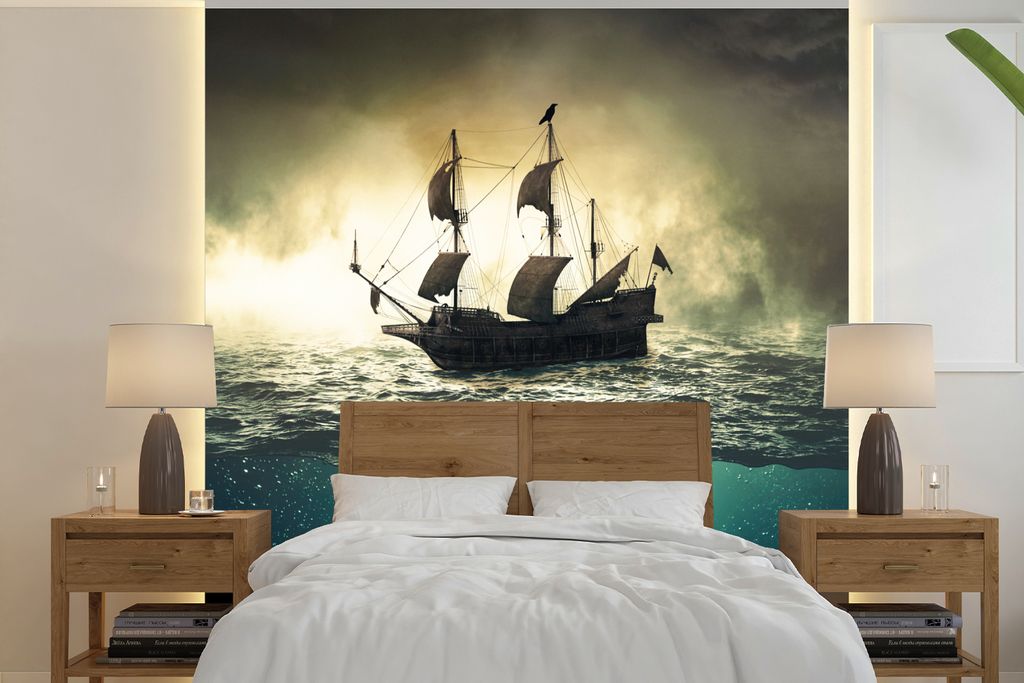 MuchoWow Fototapete für Wohnzimmer oder Schlafzimmer Wandtapete Vinyl Motivtapete Meer - Boot - Hai - 350x350 cm - Schlafzimmertapete