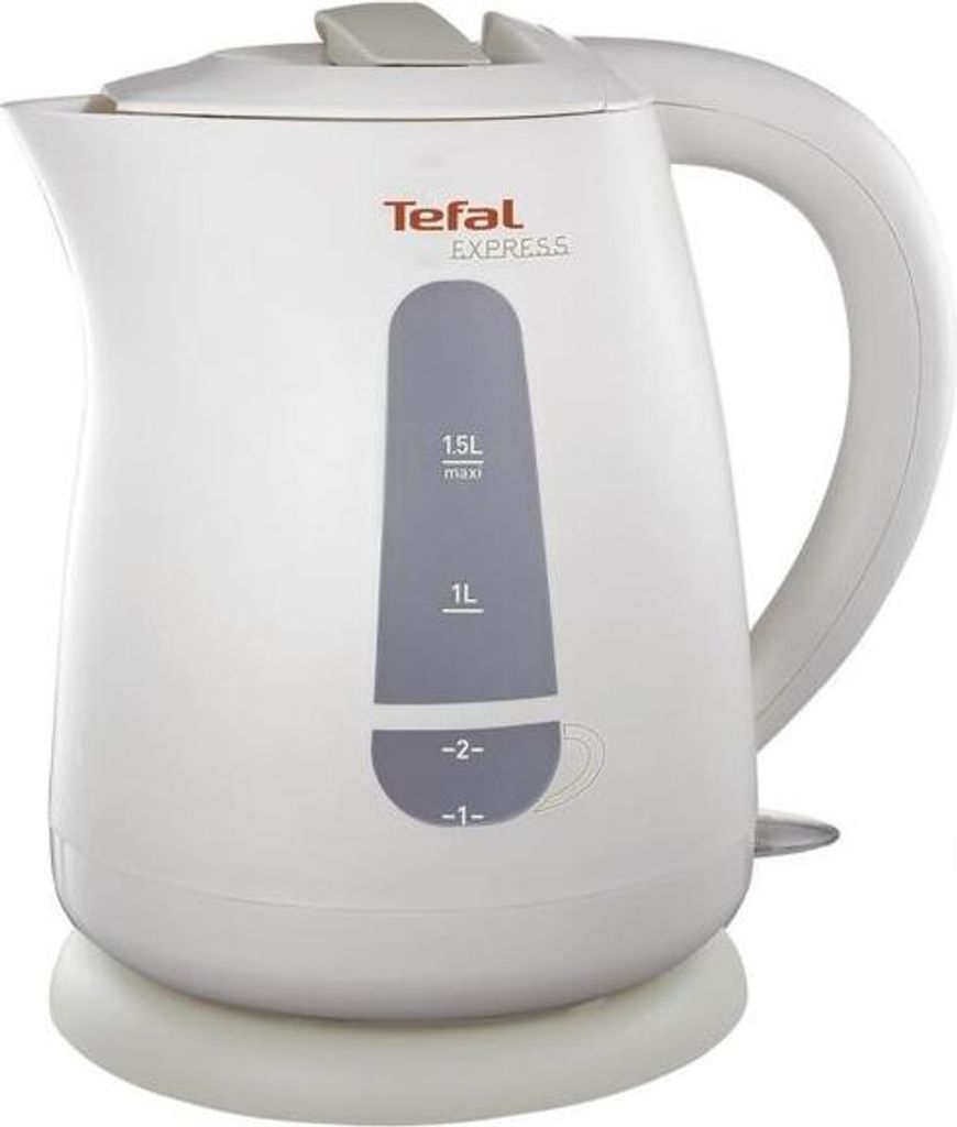 A white electric kettle with water level indicators.